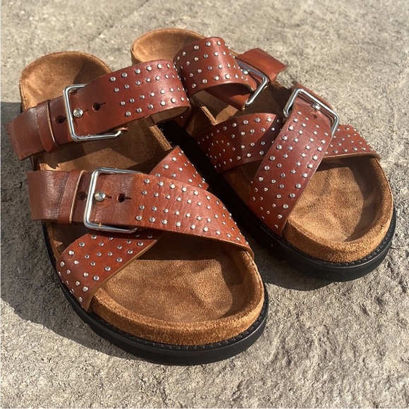 All Saints Tan Leather Studded Sandals - Picture 3 of 6